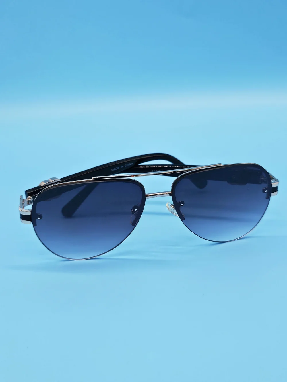Men's Black and Silver Aviator Sunglasses with Blue Gradient Lenses